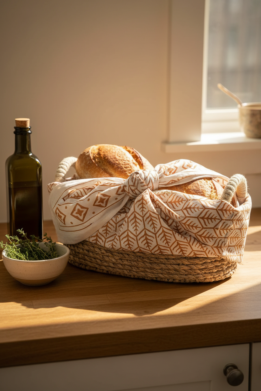 Terracotta Bread Warmer & Basket Gift Set with Tea Towel | Mandala Flower | KORISSA
