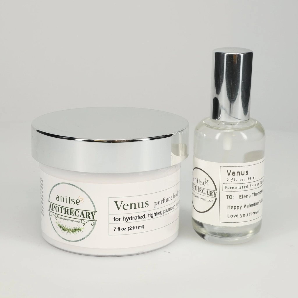 Aniise Apothecary Venus Perfume Body Cream 7 oz and Fragrance Oil 2 fl oz gift set - luxury scent bundle with silver lid jar and glass spray bottle