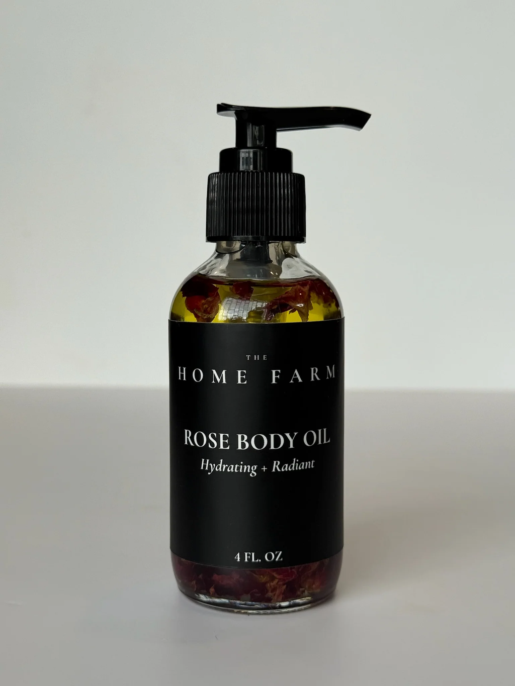 The Home Farm Rose Body Oil 4 fl oz - hydrating and radiant body oil with real rose petals in glass pump bottle