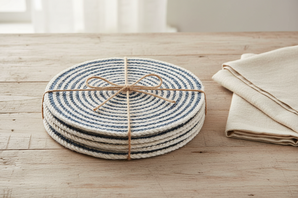 Kata Spiral Placemat | Navy & White | Set of 4 | Braided Jute | KORISSA