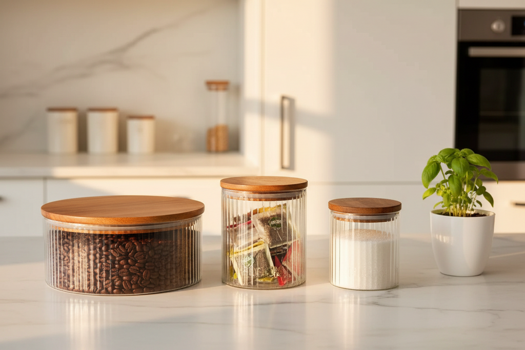 Fluted Glass Storage Jars with Acacia Lids | Set of 3 | Fleck India