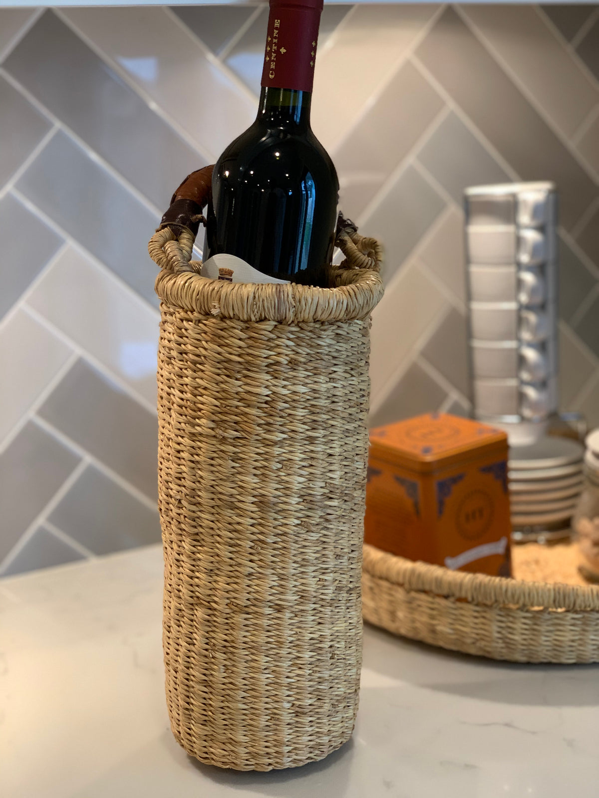 The Astoria Vase & Wine Holder | Handwoven Straw | Leather Handle | Sonder & Holliday