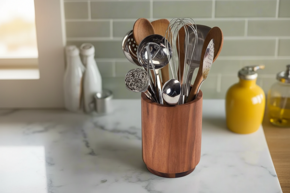 Acacia Wood Utensil Holder | Stave-Built Cylinder | Removable Lid | Medium & Large