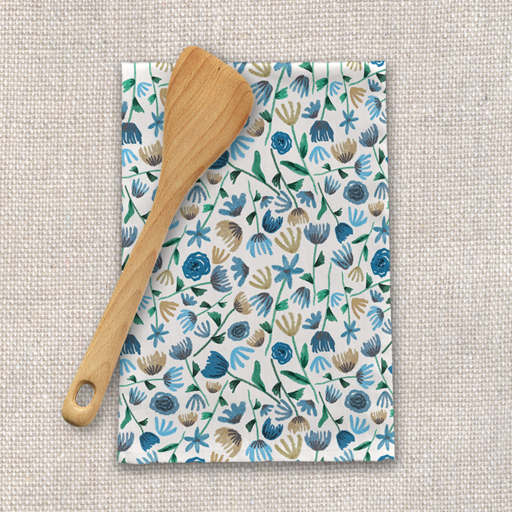 Blue Ink Floral Tea Towel | 18” × 30” | Cotton Twill | Lauren Ullrich Art