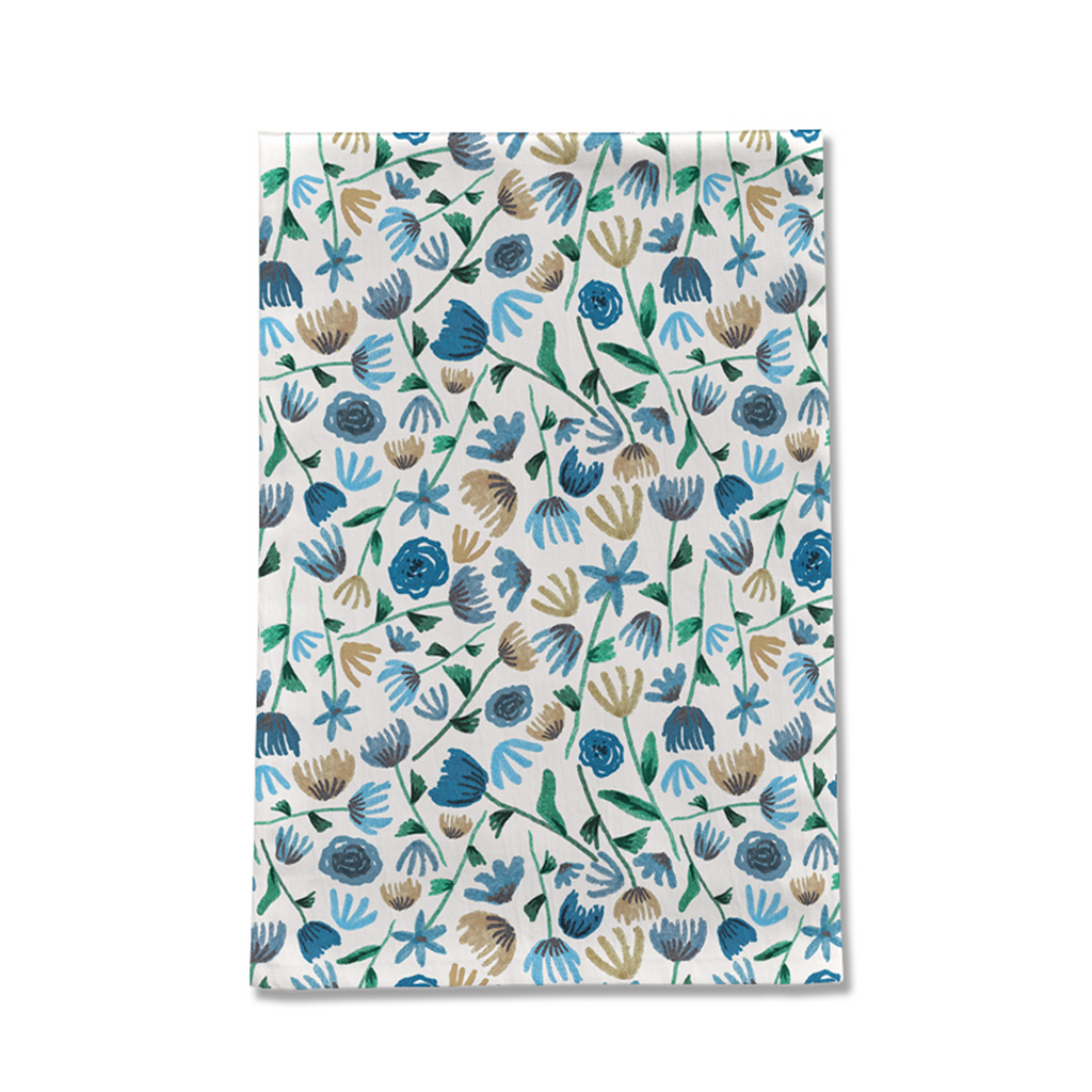 Blue Ink Floral Tea Towel | 18” × 30” | Cotton Twill | Lauren Ullrich Art