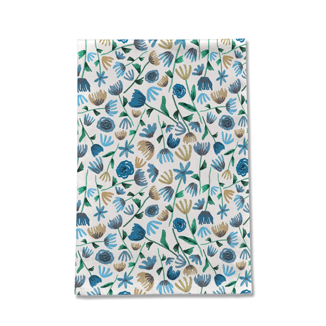 Blue Ink Floral Tea Towel | 18” × 30” | Cotton Twill | Lauren Ullrich Art