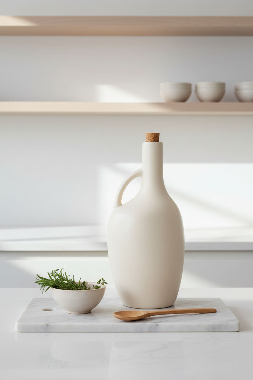 Canard Olive Oil Bottle | Handmade Stoneware | Cork Stopper | Tunisia | Matte Black & Linen