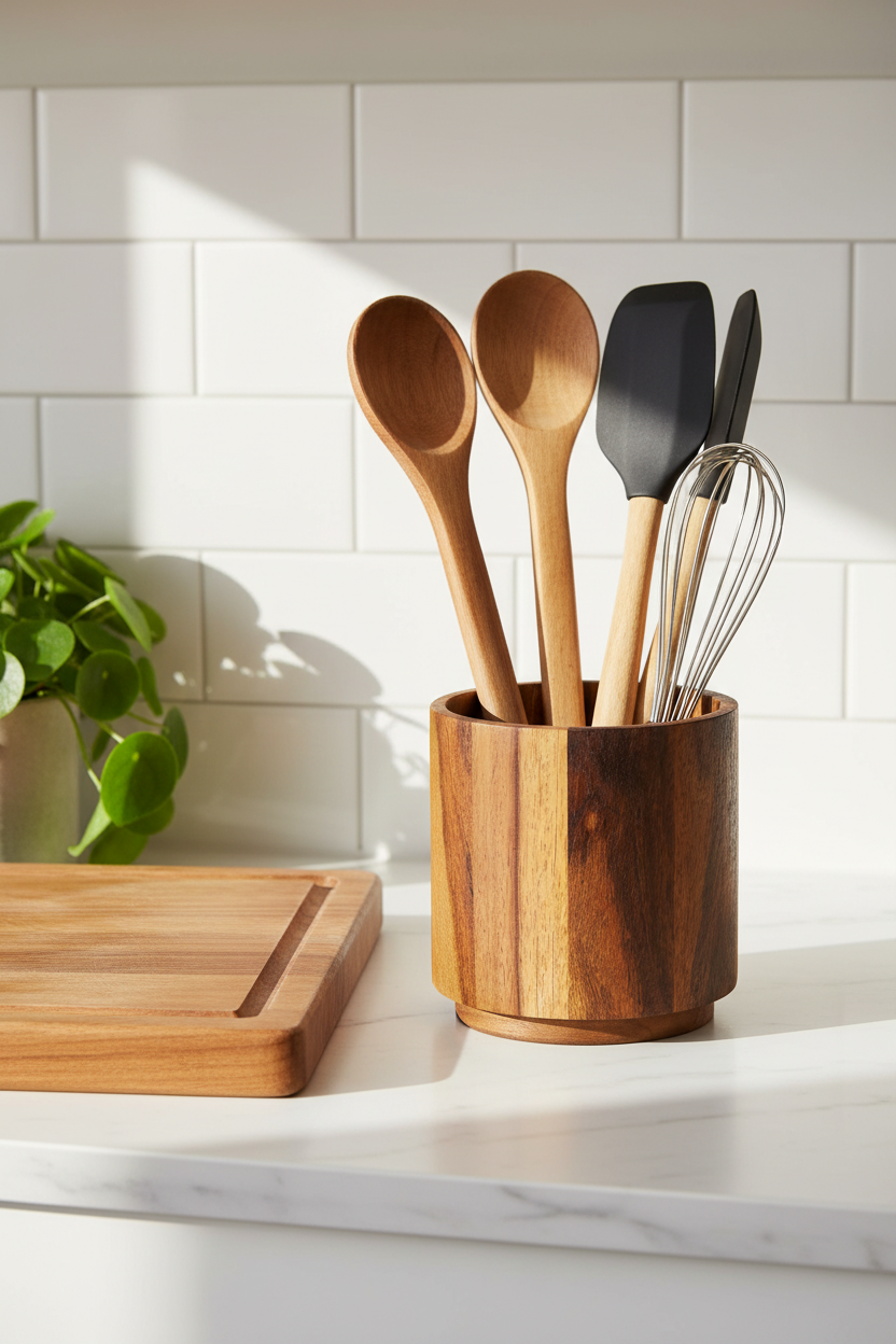 Acacia Wood Utensil Holder | Stave-Built Cylinder | Removable Lid | Medium & Large