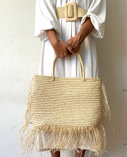 Raffia Fringe Tote Bag | Handwoven Raffia | Natural Fringe Trim | Lemloreli