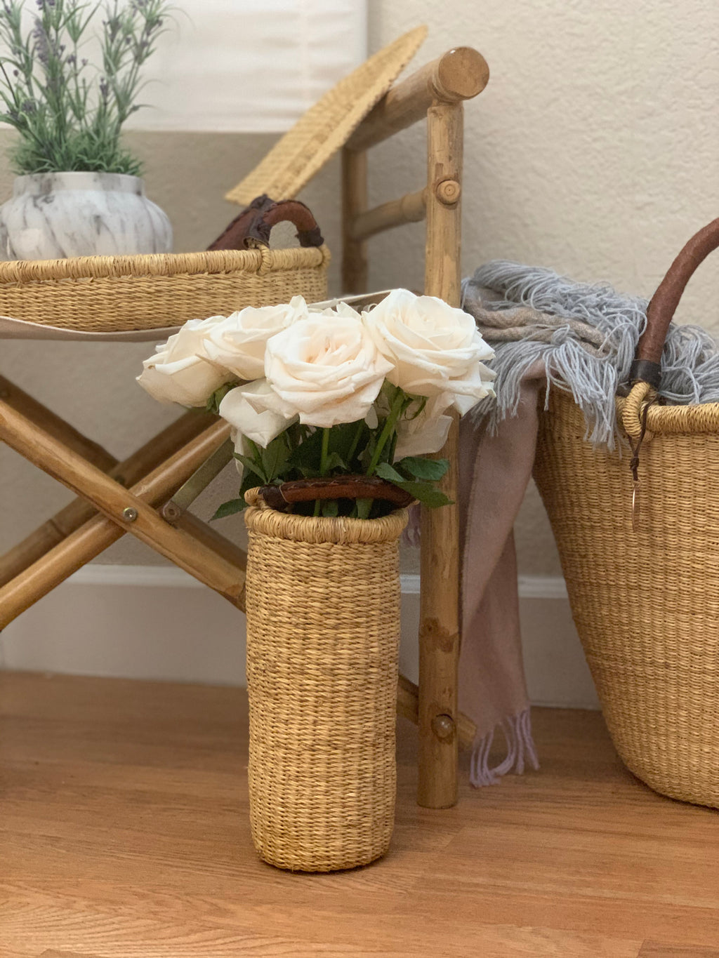 The Astoria Vase & Wine Holder | Handwoven Straw | Leather Handle | Sonder & Holliday