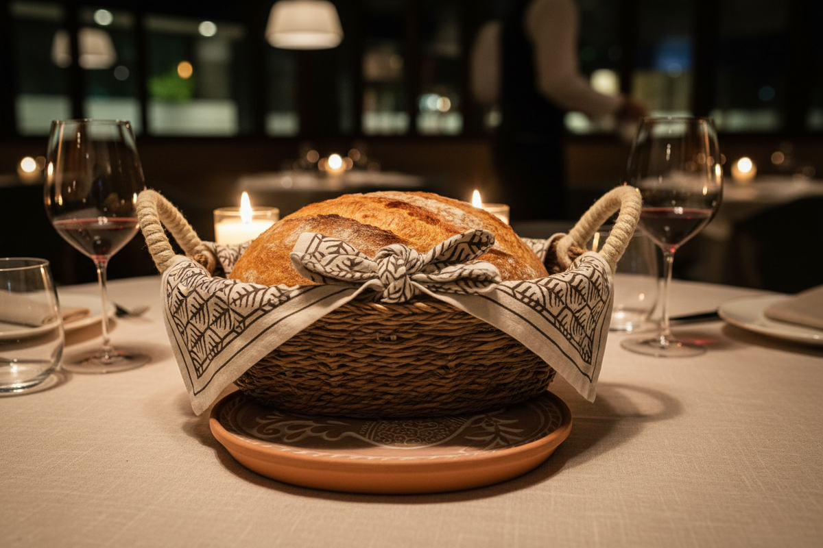 Terracotta Bread Warmer & Seagrass Basket with Tea Towel | Bird & Leaf | KORISSA