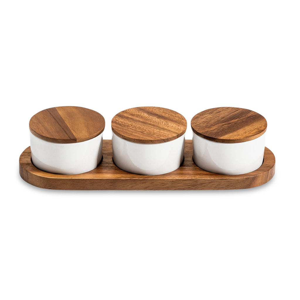 Acacia Wood Tray with 3 White Ceramic Bowls & Lids | Serving & Spice Set