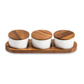 Acacia Wood Tray with 3 White Ceramic Bowls & Lids | Serving & Spice Set