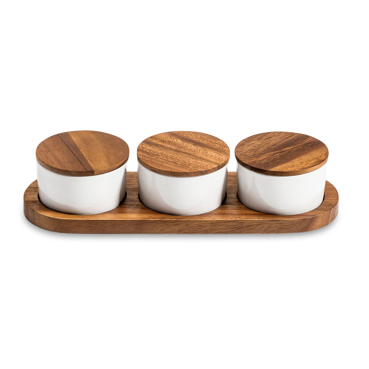 Acacia Wood Tray with 3 White Ceramic Bowls & Lids | Serving & Spice Set