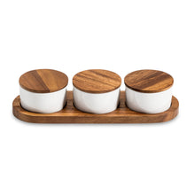 Заредете изображение във визуализатора на галерията – Condiment Serving Set  3 Ceramic Bowls with Lids  13" x 3.75"
