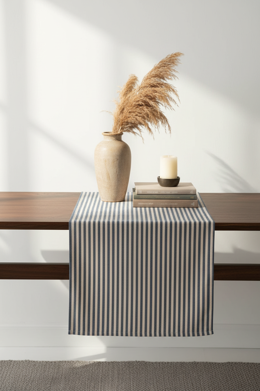 Linen-Cotton Table Runner | Pinstriped & Solid | Blue, Charcoal | KORISSA