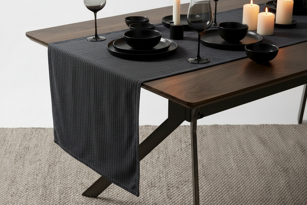 Linen-Cotton Table Runner | Pinstriped & Solid | Blue, Charcoal | KORISSA