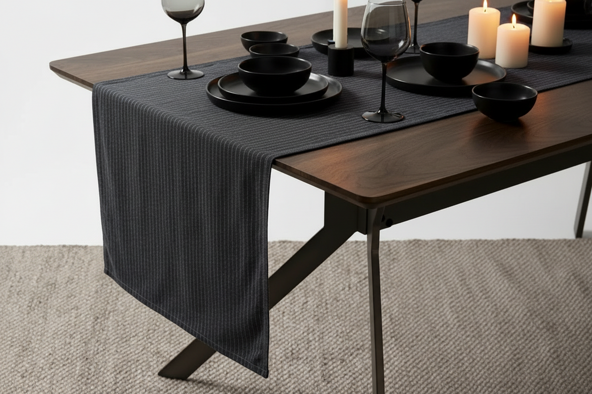Linen-Cotton Table Runner | Pinstriped & Solid | Blue, Charcoal | KORISSA