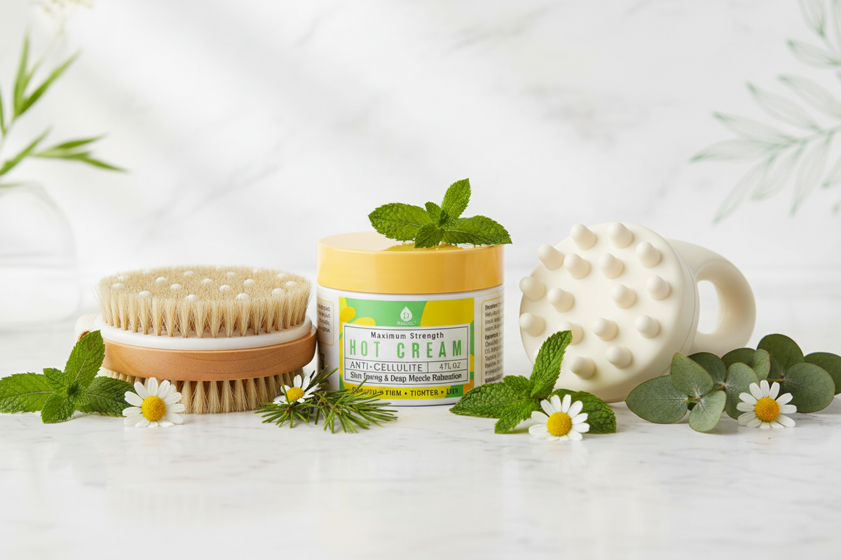 Pursonic Warming Body Cream Bundle | Bath Brush + Rubber Massager | Lotus Wood Handle