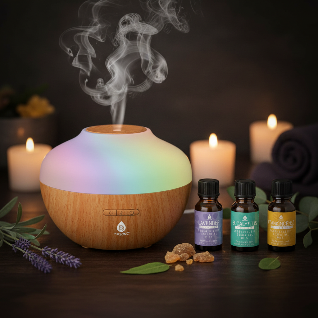 Pursonic Aromatherapy Diffuser & Essential Oil Set | Ultrasonic 300ml | Lavender, Eucalyptus & Frankincense