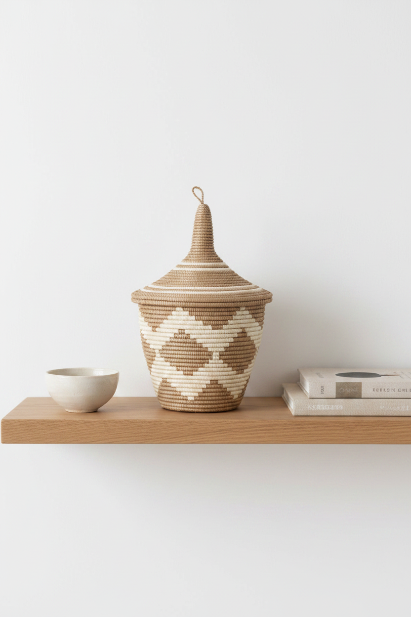 Sisal Peace Basket | Chevron | Conical Lid | Tea-Dyed | Rwanda | Azizi Life