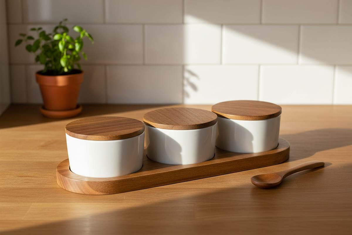 Acacia Wood Tray with 3 White Ceramic Bowls & Lids | Serving & Spice Set