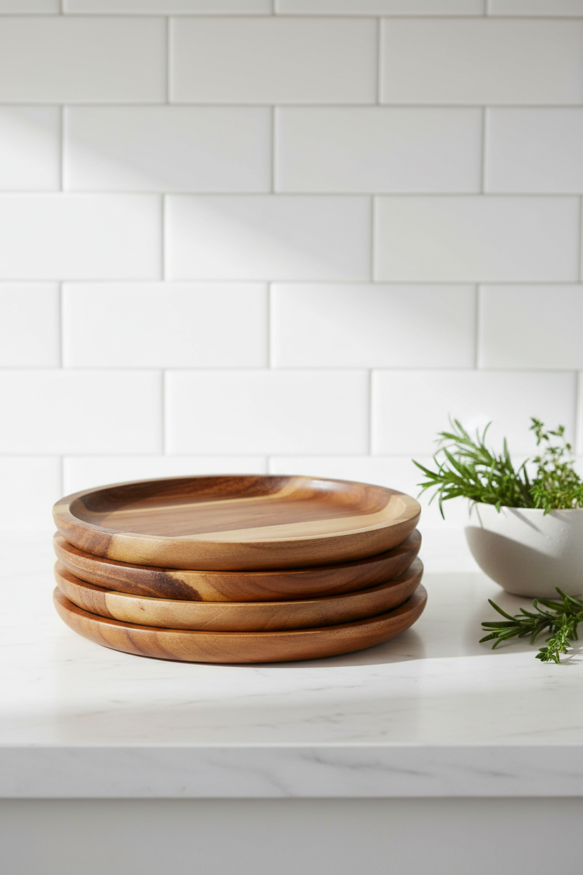 Acacia Wood Round Plate & Platter 8" | Stackable | Dishwasher Safe | Zavis Green