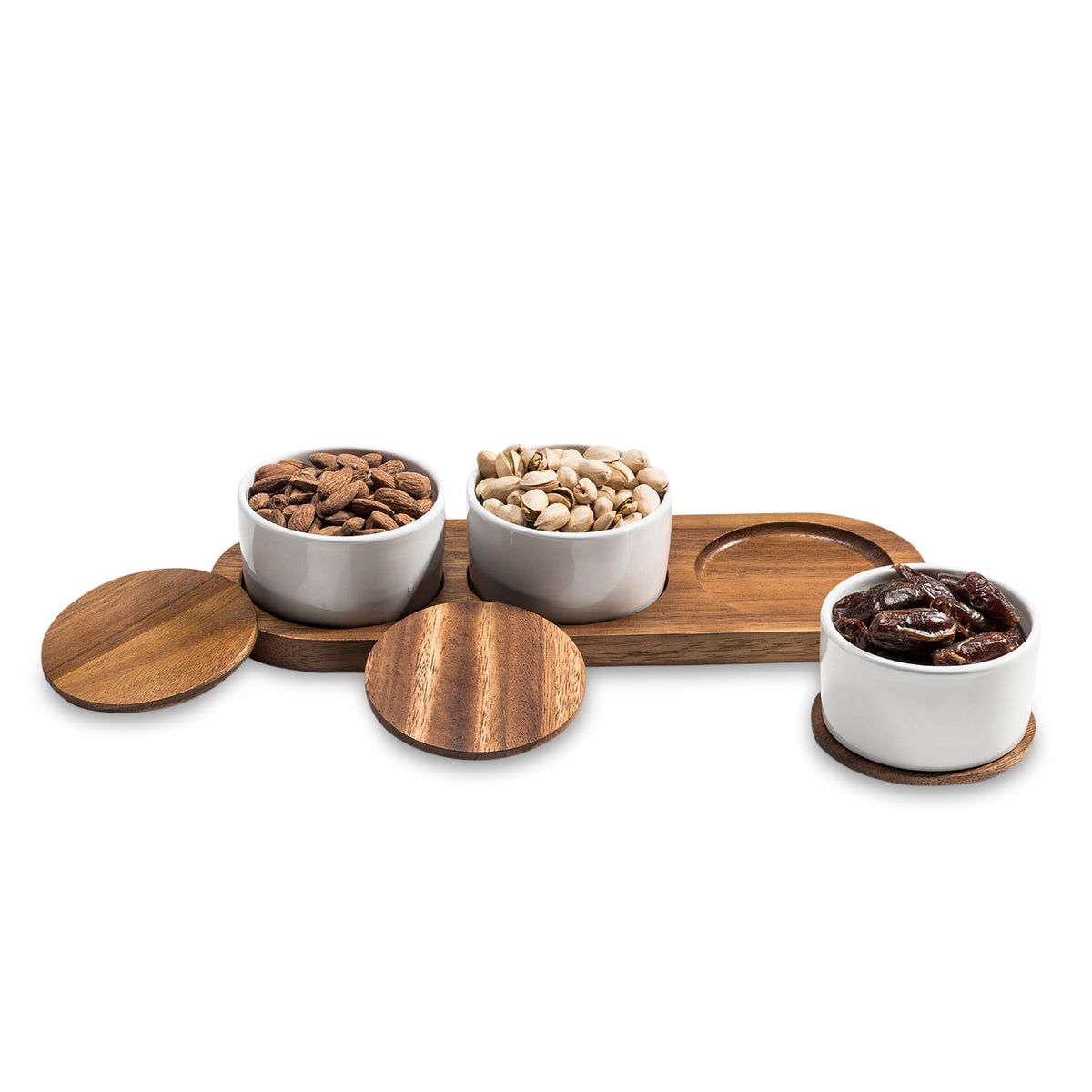 Acacia Wood Tray with 3 White Ceramic Bowls & Lids | Serving & Spice Set