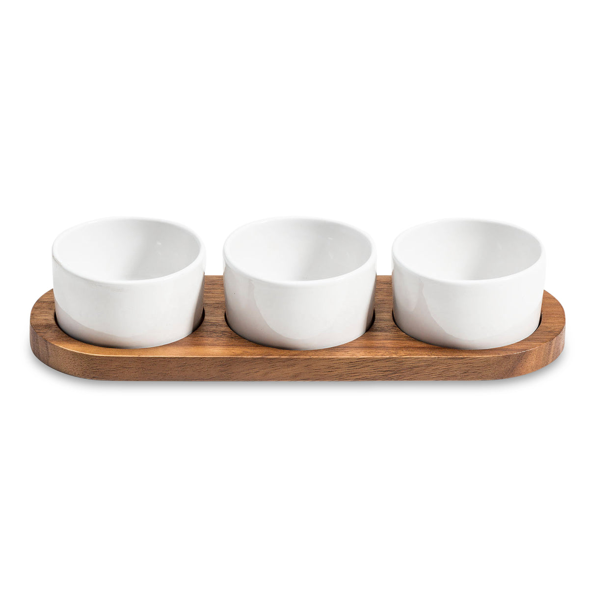 Acacia Wood Tray with 3 White Ceramic Bowls & Lids | Serving & Spice Set