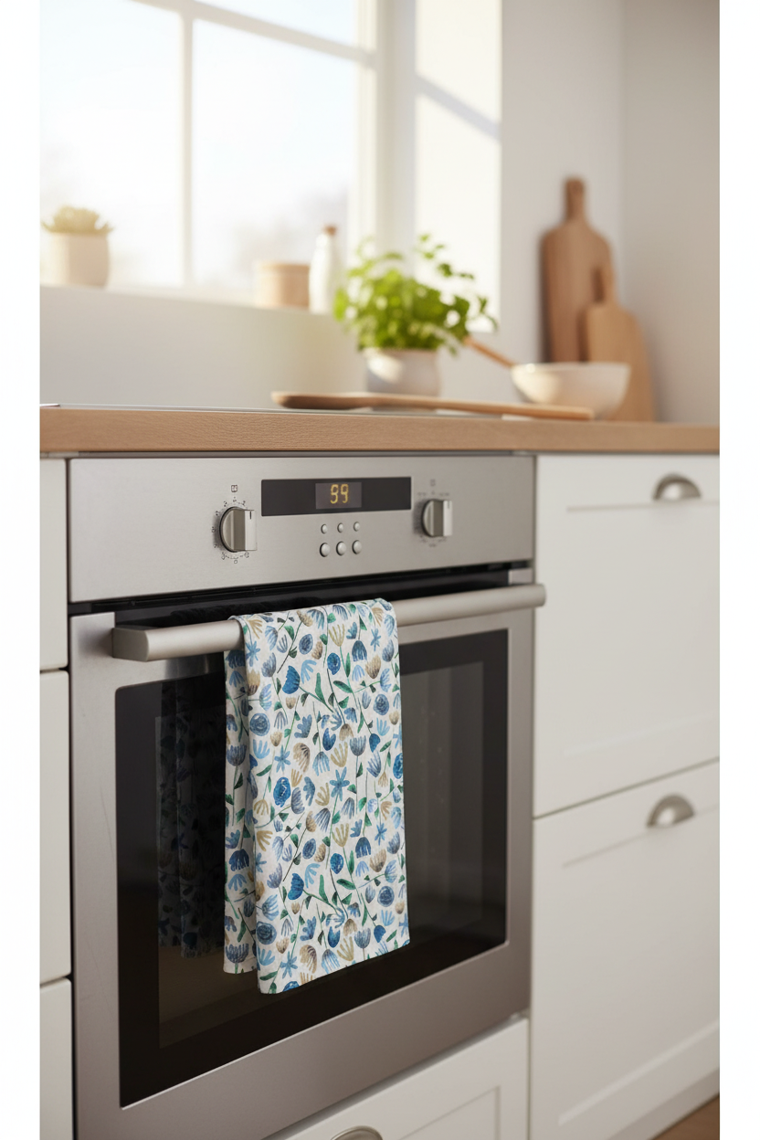 Blue Ink Floral Tea Towel | 18” × 30” | Cotton Twill | Lauren Ullrich Art