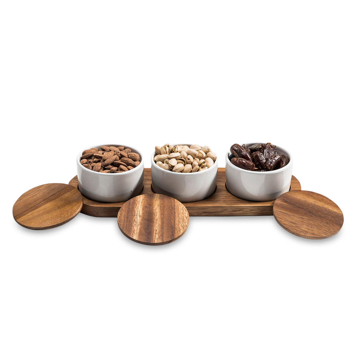 Acacia Wood Tray with 3 White Ceramic Bowls & Lids | Serving & Spice Set