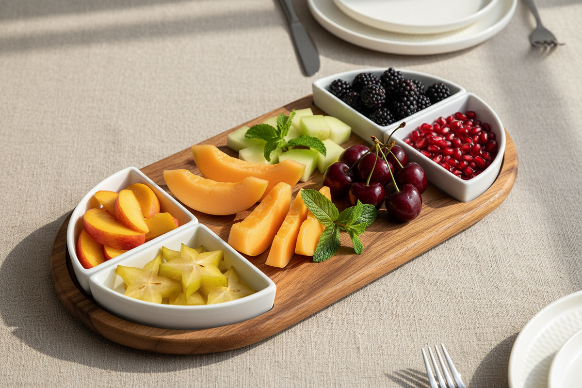 Oval Acacia Wood Serving Board with 4 Ceramic Bowls | Black or White | Entertaining Set