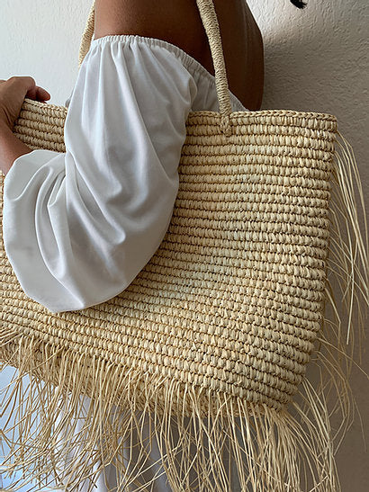 Raffia Fringe Tote Bag | Handwoven Raffia | Natural Fringe Trim | Lemloreli